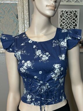 HeartSoul Navy Blue Floral Lace-Up Crop Dress